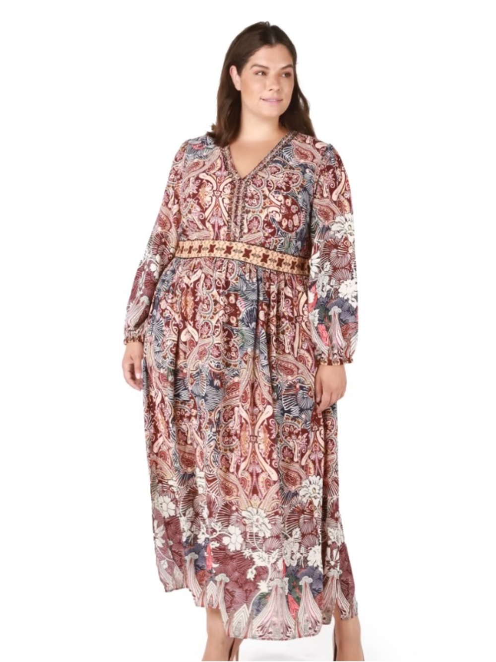 Dex Paisley Floral Maxi Dress in Rust, Navy & Cream